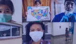 A collage of images featuring people wearing face masks and supporting communities affected by Covid-19